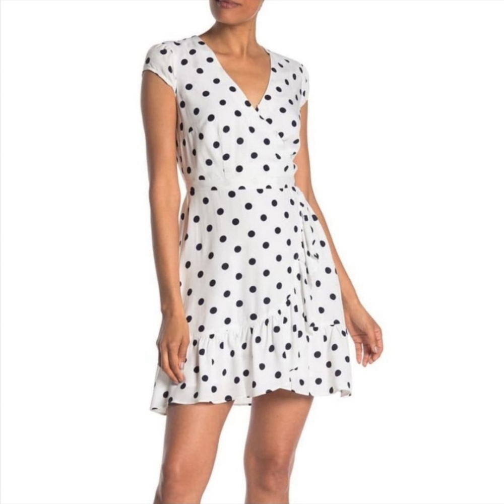 J. Crew White With Black polka Dot Ruffle Front Wrap Mini Dress - Size 6